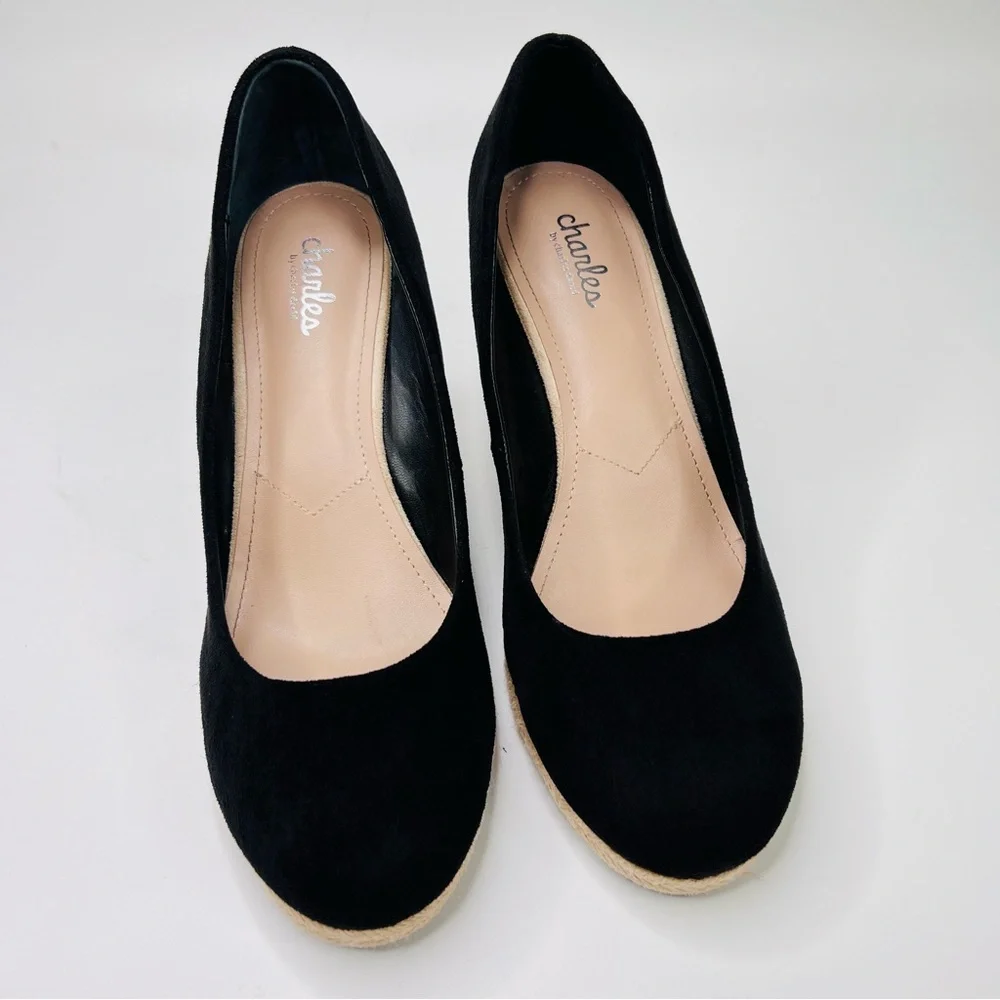 Charles by Charles David Black Faux Suede Espadrille Wedge Pumps